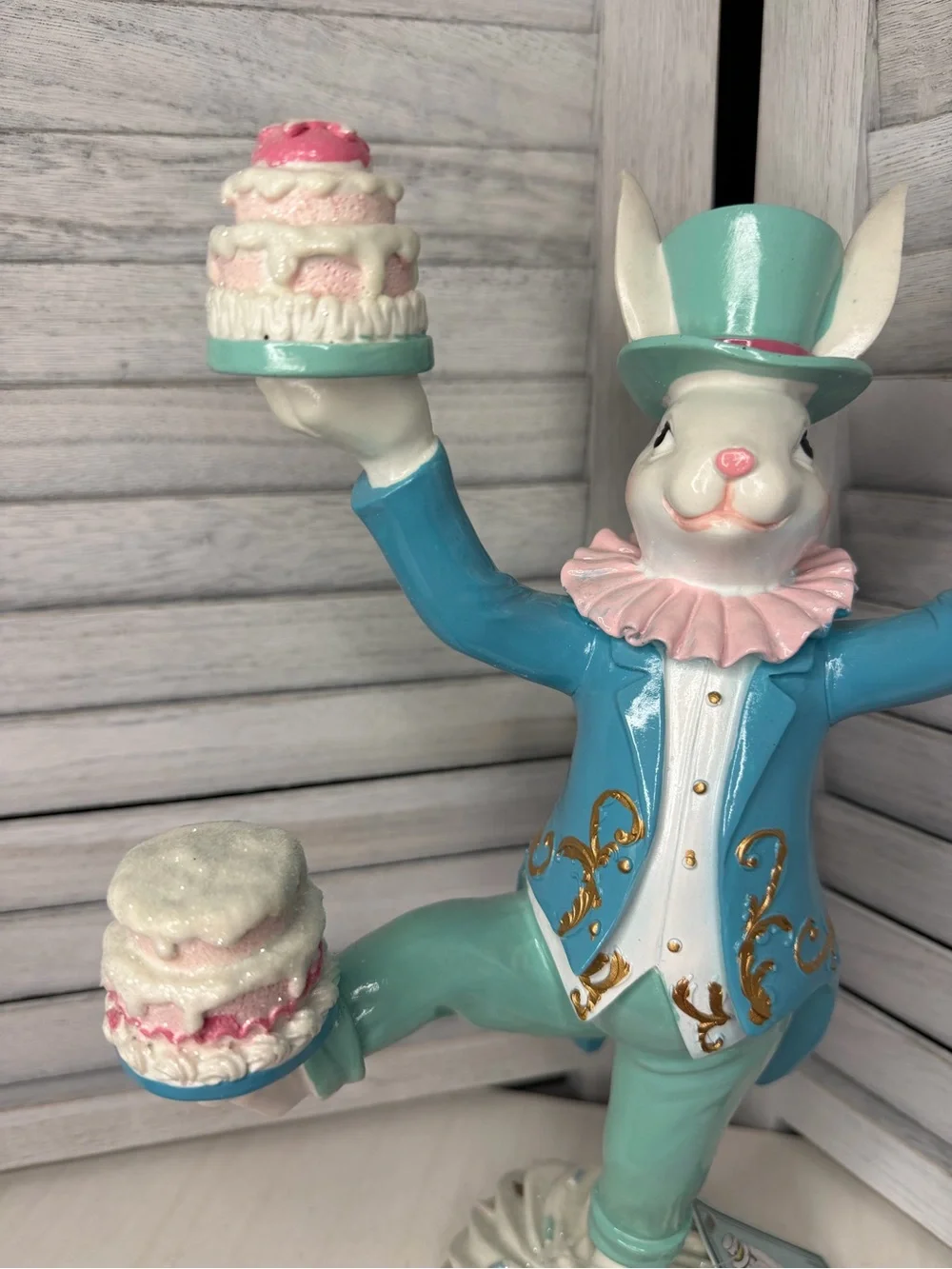 Tophat & Tail Easter Bunny Rabbit Mad Hatter Balancing Teacup And Cakes 12.5